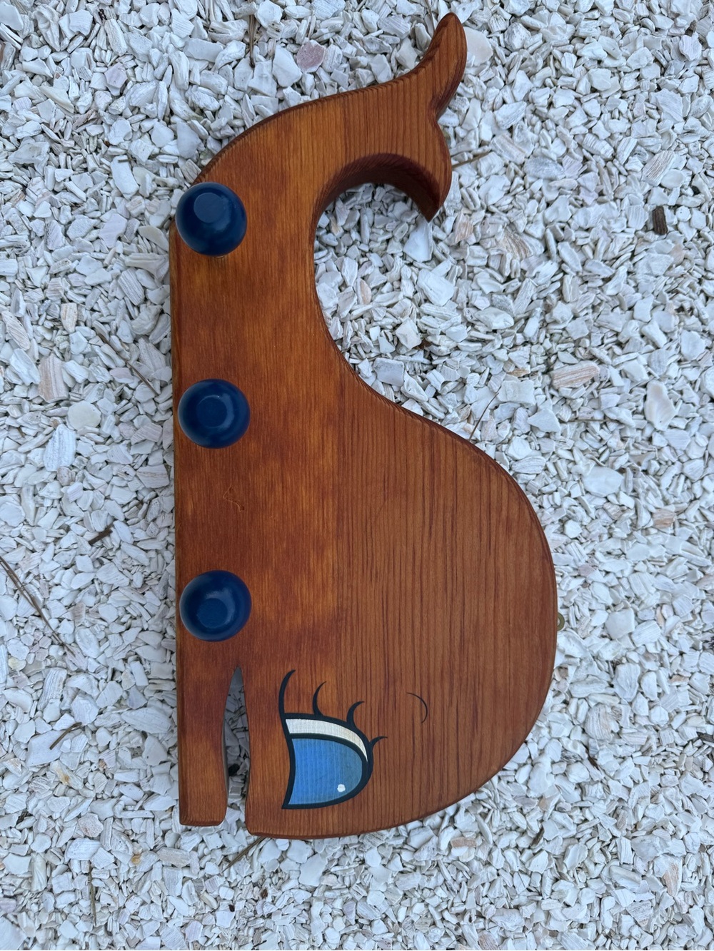 Wooden Whale Wall Hook in Brown with Blue Accents